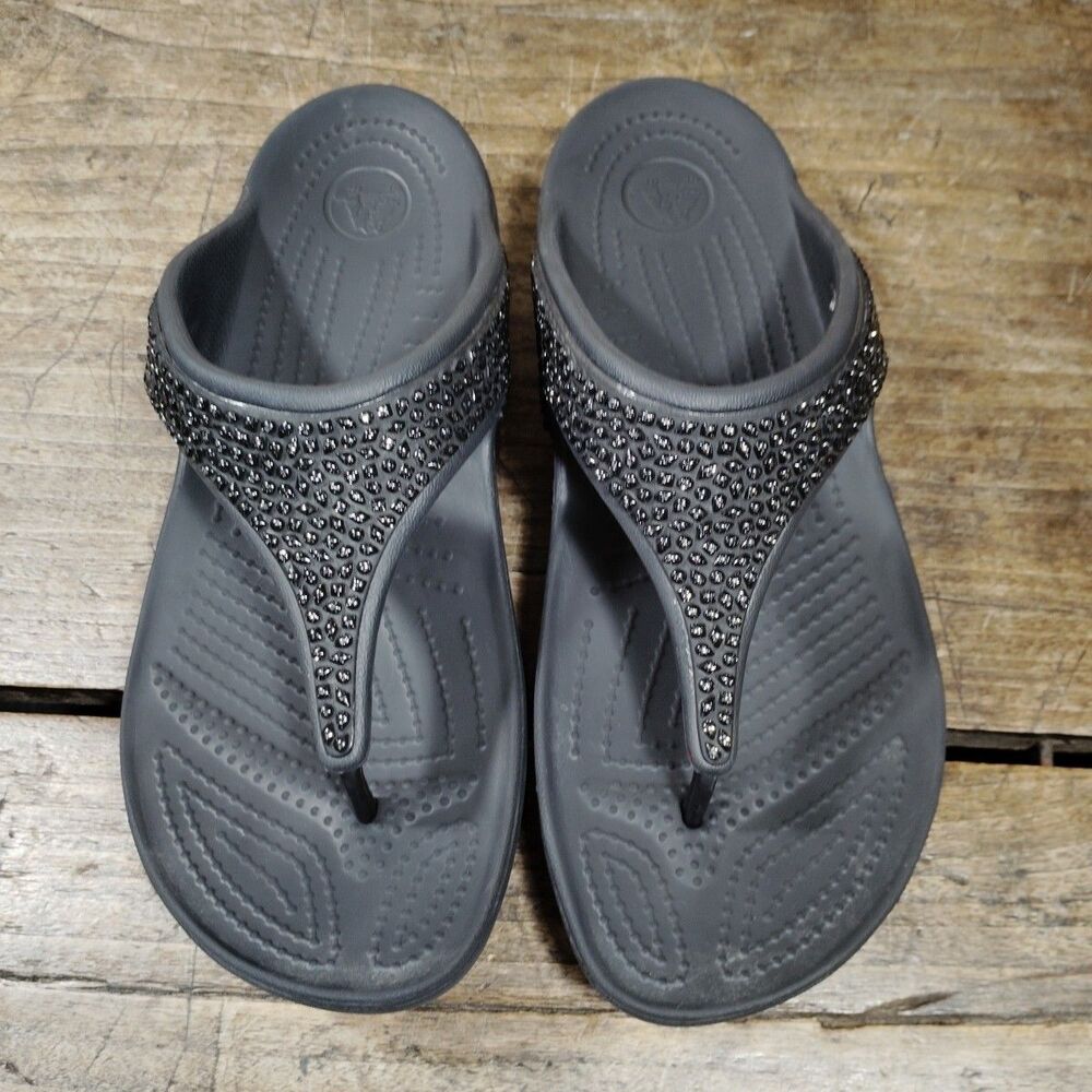 Crocs Sz 11 Sloane Flip Flop Sandals Diamanté Sparkle Black Shoes